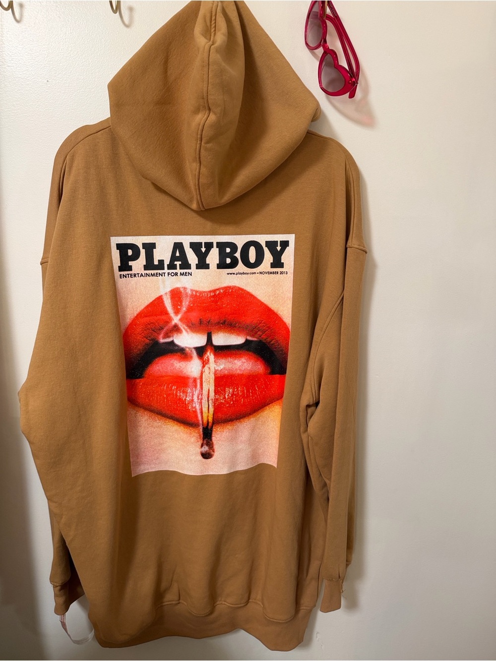 PLAYBOY x MISSGUIDED OVERSIZED Women Dress Hoodie Camel Brown with LIPS Logo